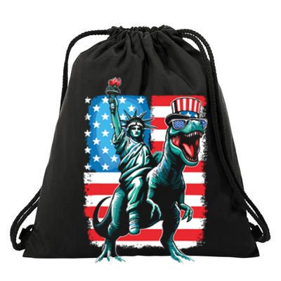 Dino Statue Of Liberty 4th Of July Boy American Flag Drawstring Bag