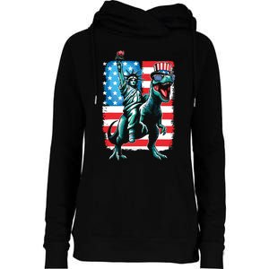 Dino Statue Of Liberty 4th Of July Boy American Flag Womens Funnel Neck Pullover Hood