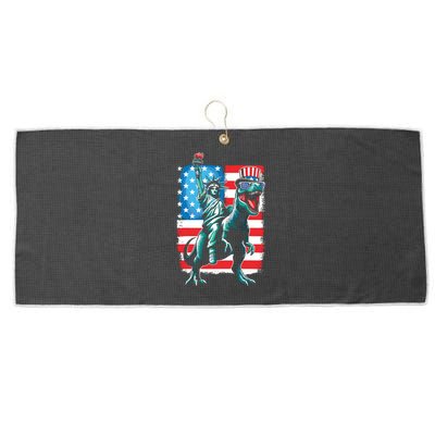 Dino Statue Of Liberty 4th Of July Boy American Flag Large Microfiber Waffle Golf Towel