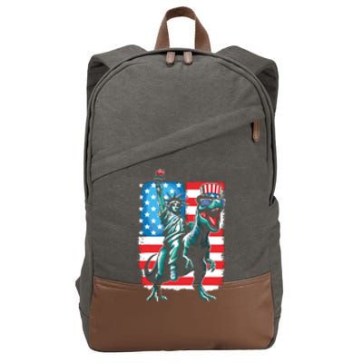 Dino Statue Of Liberty 4th Of July Boy American Flag Cotton Canvas Backpack