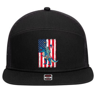 Dino Statue Of Liberty 4th Of July American Flag 7 Panel Mesh Trucker Snapback Hat