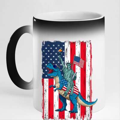 Dino Statue Of Liberty 4th Of July American Flag 11oz Black Color Changing Mug