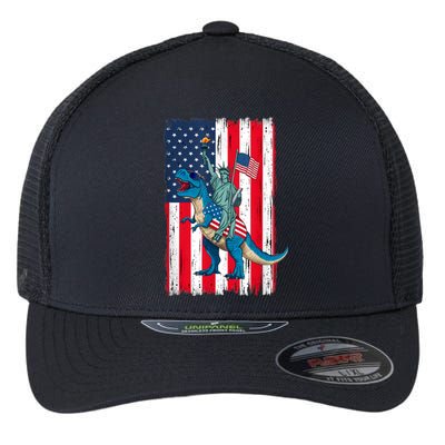 Dino Statue Of Liberty 4th Of July American Flag Flexfit Unipanel Trucker Cap