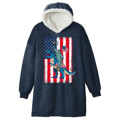 Dino Statue Of Liberty 4th Of July American Flag Hooded Wearable Blanket