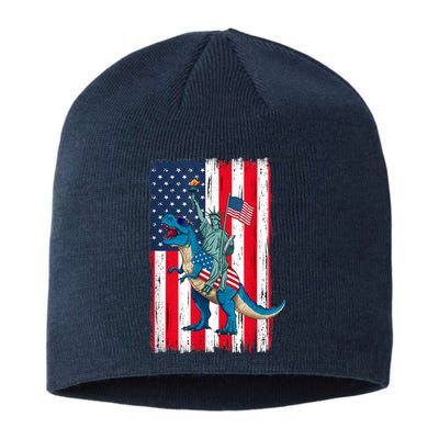 Dino Statue Of Liberty 4th Of July American Flag Sustainable Beanie