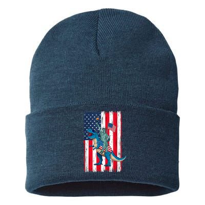 Dino Statue Of Liberty 4th Of July American Flag Sustainable Knit Beanie