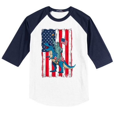 Dino Statue Of Liberty 4th Of July American Flag Baseball Sleeve Shirt