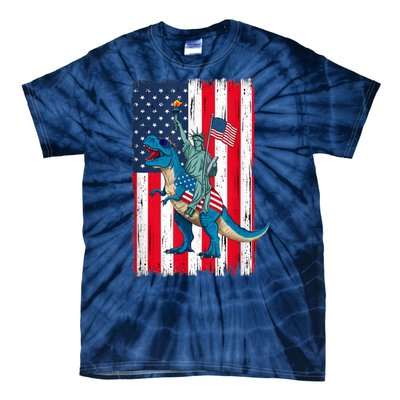 Dino Statue Of Liberty 4th Of July American Flag Tie-Dye T-Shirt