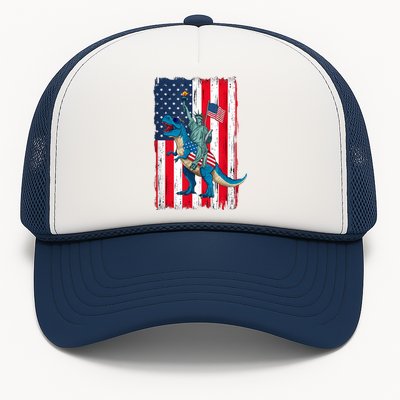 Dino Statue Of Liberty 4th Of July American Flag Trucker Hat