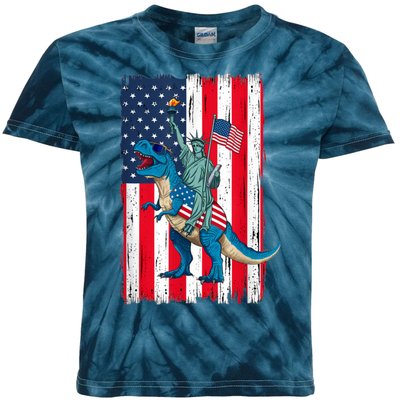 Dino Statue Of Liberty 4th Of July American Flag Kids Tie-Dye T-Shirt