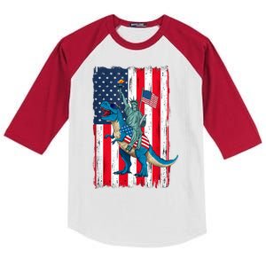 Dino Statue Of Liberty 4th Of July American Flag Kids Colorblock Raglan Jersey