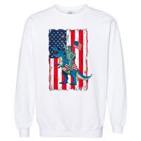 Dino Statue Of Liberty 4th Of July American Flag Garment-Dyed Sweatshirt