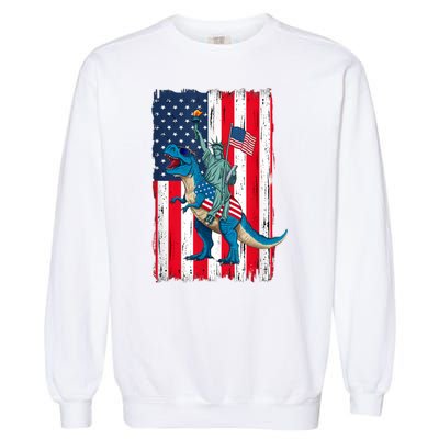 Dino Statue Of Liberty 4th Of July American Flag Garment-Dyed Sweatshirt