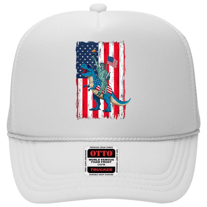 Dino Statue Of Liberty 4th Of July American Flag High Crown Mesh Back Trucker Hat