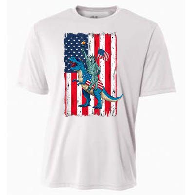 Dino Statue Of Liberty 4th Of July American Flag Cooling Performance Crew T-Shirt