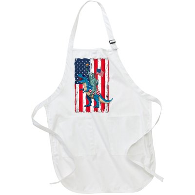 Dino Statue Of Liberty 4th Of July American Flag Full-Length Apron With Pockets