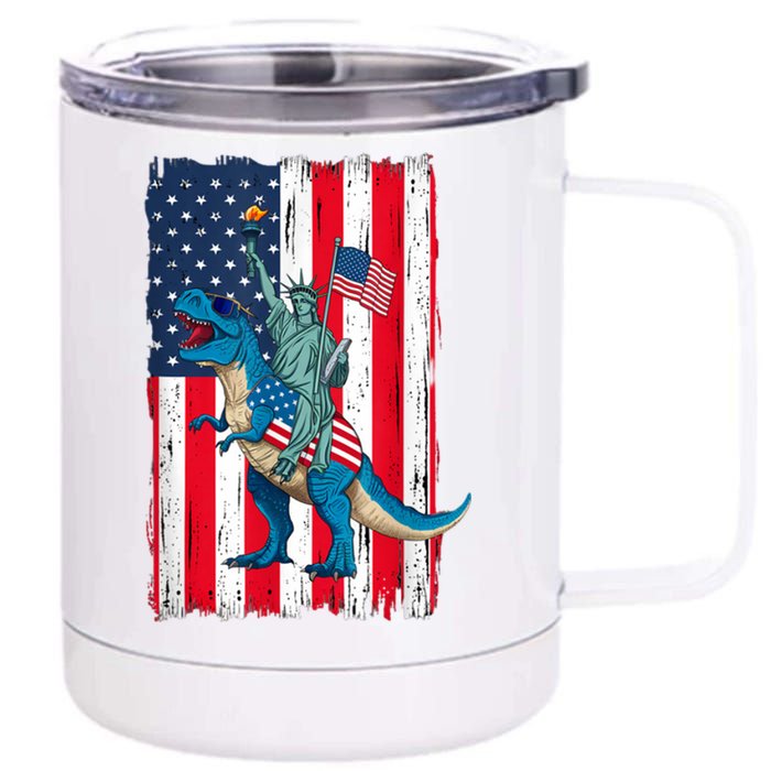 Dino Statue Of Liberty 4th Of July American Flag 12 oz Stainless Steel Tumbler Cup