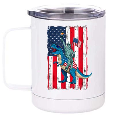 Dino Statue Of Liberty 4th Of July American Flag 12 oz Stainless Steel Tumbler Cup