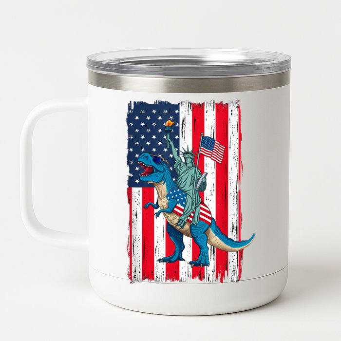 Dino Statue Of Liberty 4th Of July American Flag 12 oz Stainless Steel Tumbler Cup