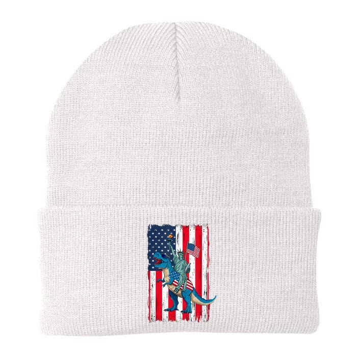 Dino Statue Of Liberty 4th Of July American Flag Knit Cap Winter Beanie