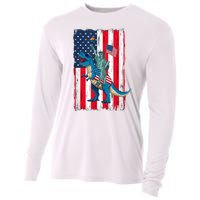 Dino Statue Of Liberty 4th Of July American Flag Cooling Performance Long Sleeve Crew