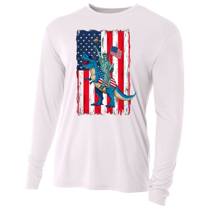 Dino Statue Of Liberty 4th Of July American Flag Cooling Performance Long Sleeve Crew