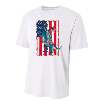 Dino Statue Of Liberty 4th Of July American Flag Youth Performance Sprint T-Shirt