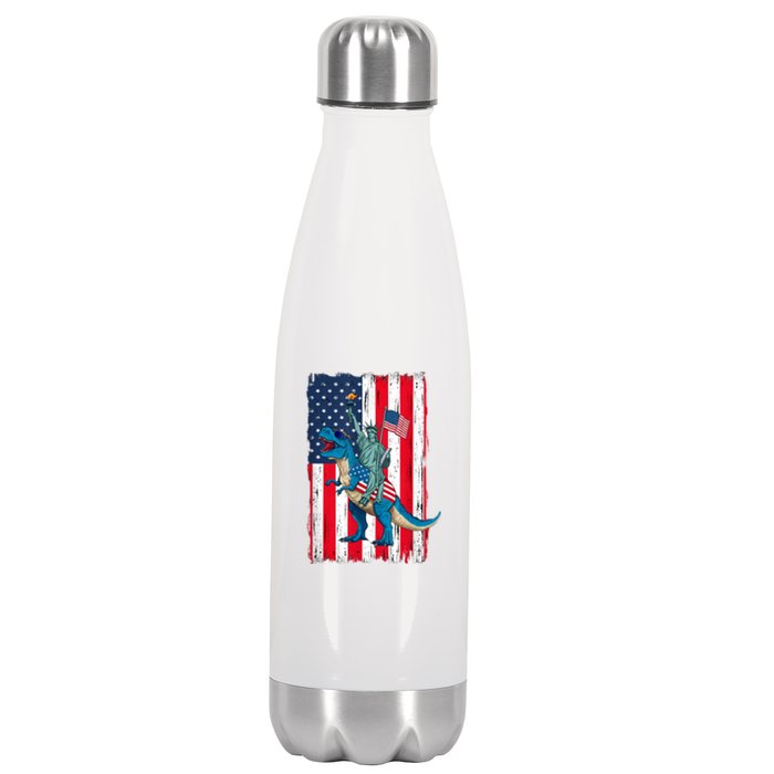 Dino Statue Of Liberty 4th Of July American Flag Stainless Steel Insulated Water Bottle