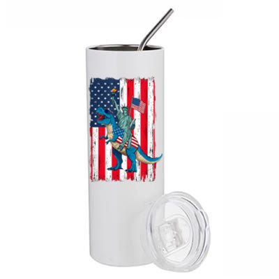 Dino Statue Of Liberty 4th Of July American Flag Stainless Steel Tumbler