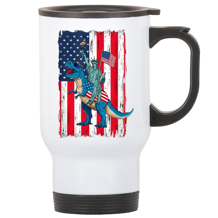 Dino Statue Of Liberty 4th Of July American Flag Stainless Steel Travel Mug