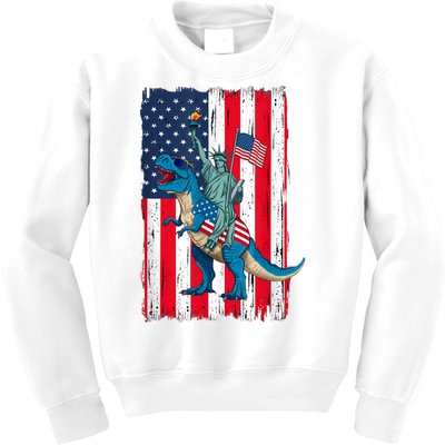 Dino Statue Of Liberty 4th Of July American Flag Kids Sweatshirt