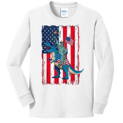 Dino Statue Of Liberty 4th Of July American Flag Kids Long Sleeve Shirt