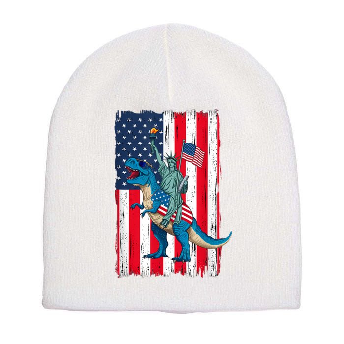 Dino Statue Of Liberty 4th Of July American Flag Short Acrylic Beanie