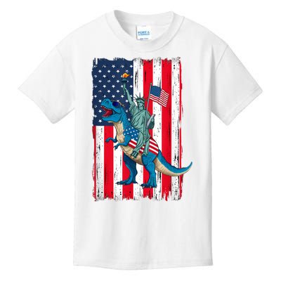 Dino Statue Of Liberty 4th Of July American Flag Kids T-Shirt