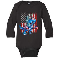 Dino Statue Of Liberty 4th Of July American Flag Baby Long Sleeve Bodysuit