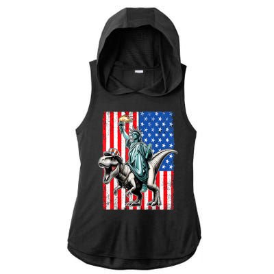 Dino Statue Of Liberty 4th Of July American Flag Ladies PosiCharge Tri-Blend Wicking Draft Hoodie Tank