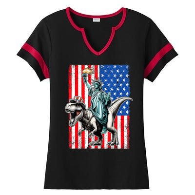 Dino Statue Of Liberty 4th Of July American Flag Ladies Halftime Notch Neck Tee