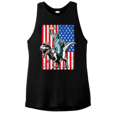 Dino Statue Of Liberty 4th Of July American Flag Ladies PosiCharge Tri-Blend Wicking Tank