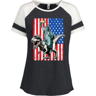 Dino Statue Of Liberty 4th Of July American Flag Enza Ladies Jersey Colorblock Tee