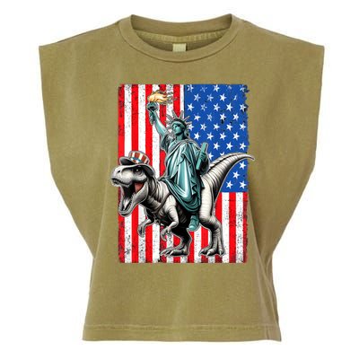 Dino Statue Of Liberty 4th Of July American Flag Garment-Dyed Women's Muscle Tee