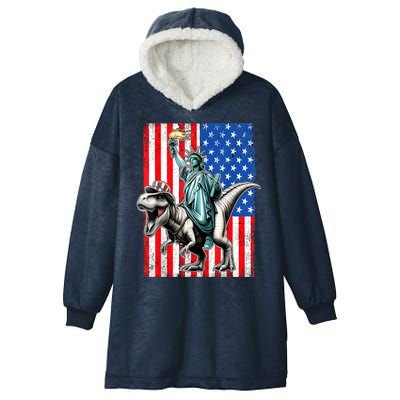 Dino Statue Of Liberty 4th Of July American Flag Hooded Wearable Blanket