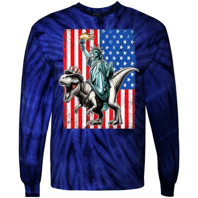 Dino Statue Of Liberty 4th Of July American Flag Tie-Dye Long Sleeve Shirt