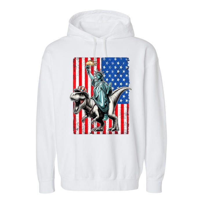 Dino Statue Of Liberty 4th Of July American Flag Garment-Dyed Fleece Hoodie