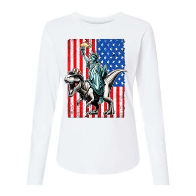 Dino Statue Of Liberty 4th Of July American Flag Womens Cotton Relaxed Long Sleeve T-Shirt