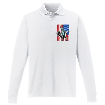 Dino Statue Of Liberty 4th Of July American Flag Performance Long Sleeve Polo