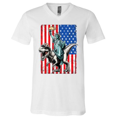 Dino Statue Of Liberty 4th Of July American Flag V-Neck T-Shirt