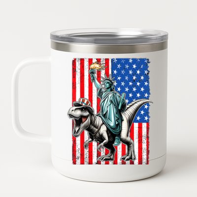 Dino Statue Of Liberty 4th Of July American Flag 12 oz Stainless Steel Tumbler Cup