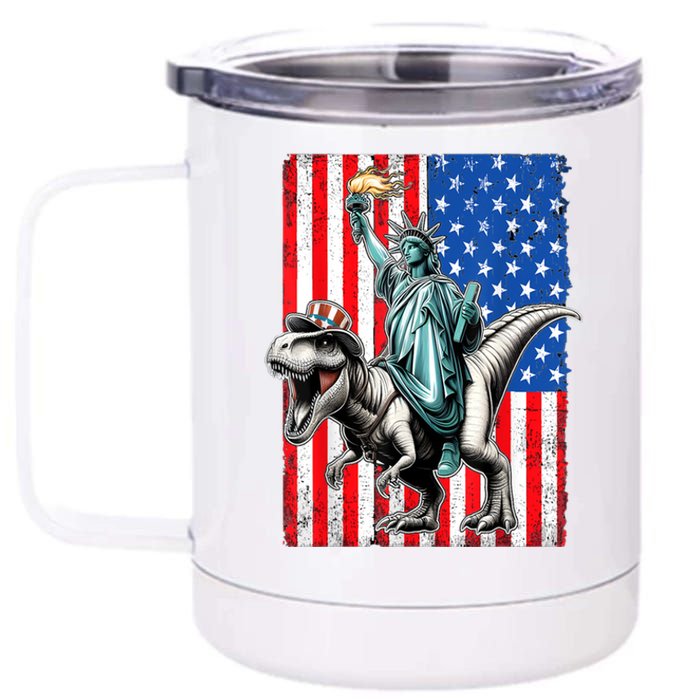 Dino Statue Of Liberty 4th Of July American Flag 12 oz Stainless Steel Tumbler Cup