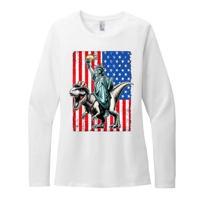 Dino Statue Of Liberty 4th Of July American Flag Womens CVC Long Sleeve Shirt