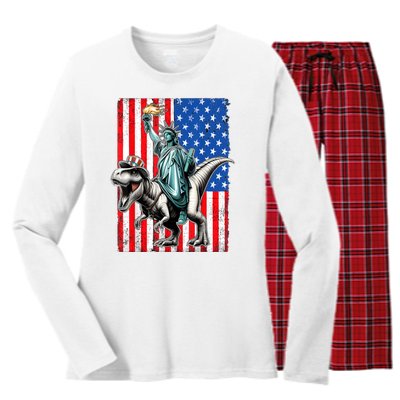 Dino Statue Of Liberty 4th Of July American Flag Women's Long Sleeve Flannel Pajama Set 